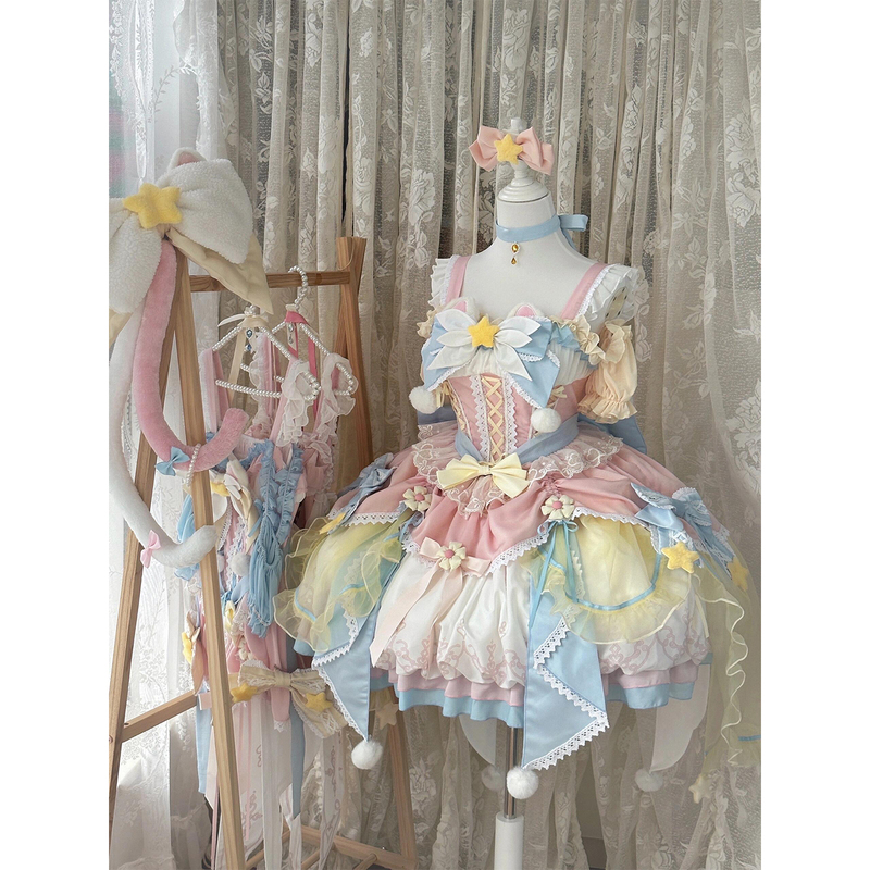 Cute Cosplay Costume Magical Girl Lolita Pink and Blue Dress Jsk Wedding Dress Heavy-Duty Princess Dress Set