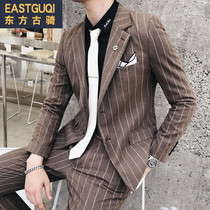 2019 autumn new vertical stripe suit casual two-piece suit suit male youth Korean slim trend handsome