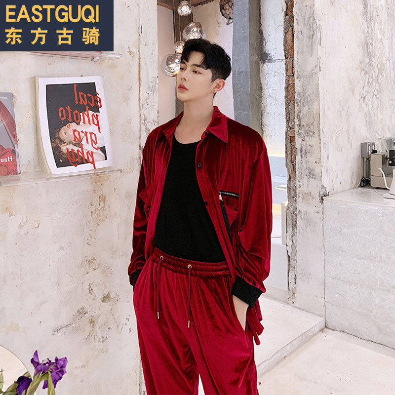 2019 autumn Korean version of slim corduroy shirt men's casual suit young hair stylist shirt two-piece set trend