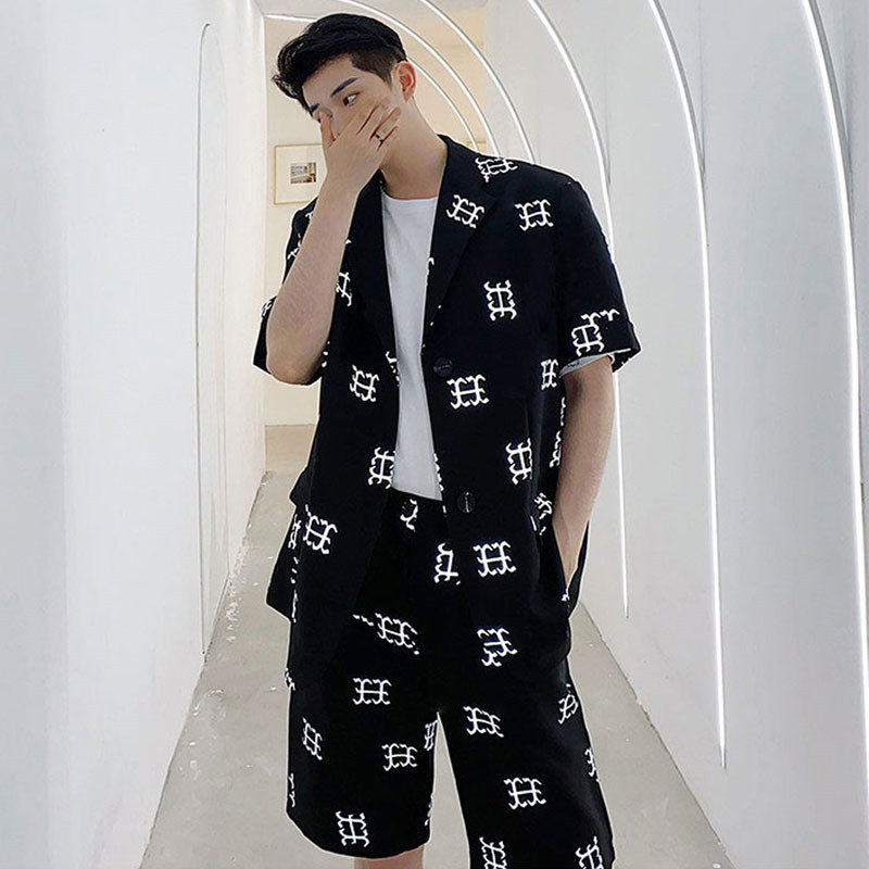 Men's loose small suit Korean version of the trend of color change two-piece set of seven-sleeve short-sleeved hair stylist Yuppie handsome suit