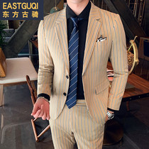 2019 autumn striped mens suit Casual groom dress male Korean slim hair stylist suit two-piece suit