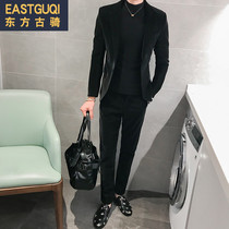 2021 autumn leather mens small suit two-piece golden velvet Korean version of self-cultivation social guy yuppie suit