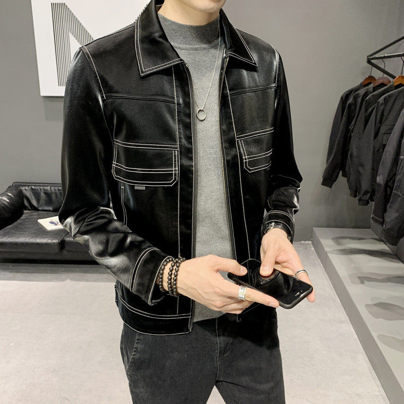 Autumn short mercerized leather lapel jacket men's Korean version slim jacket top social guy casual trend handsome