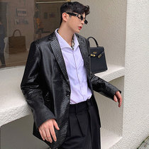 Small suit men loose Korean version of tide handsome night check leather yuppie suit jacket single coat hair stylist