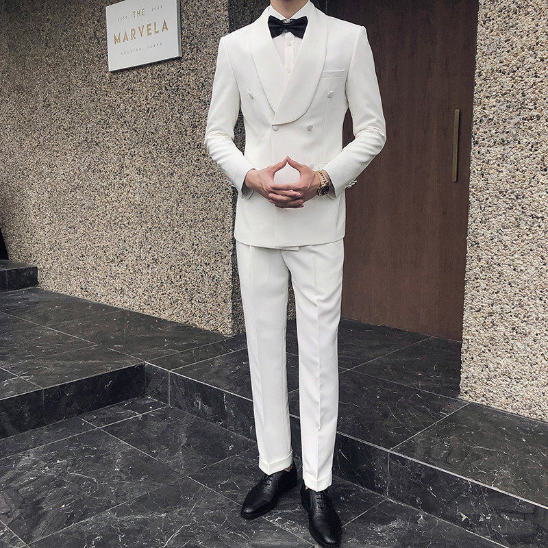 Double breasted suit men's retro trend host banquet dress wedding suit groom handsome fashion trend