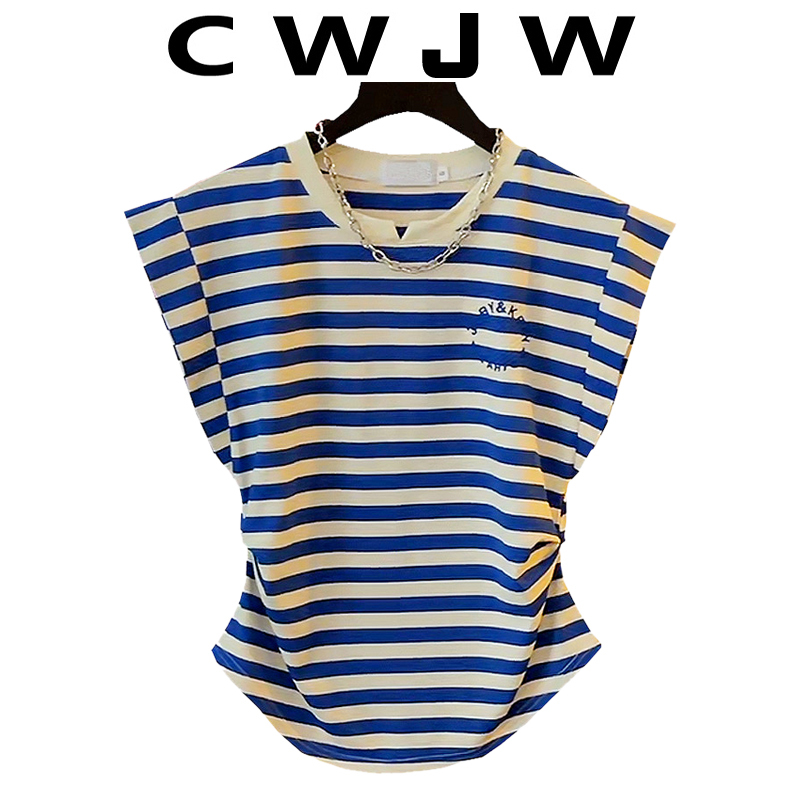 [in Stock] Striped T-Shirt for Women, Short Sleeve, Pure Cotton, 2026 Summer New Fashion, Navy Style, Waist-Cinching, Slimming Top