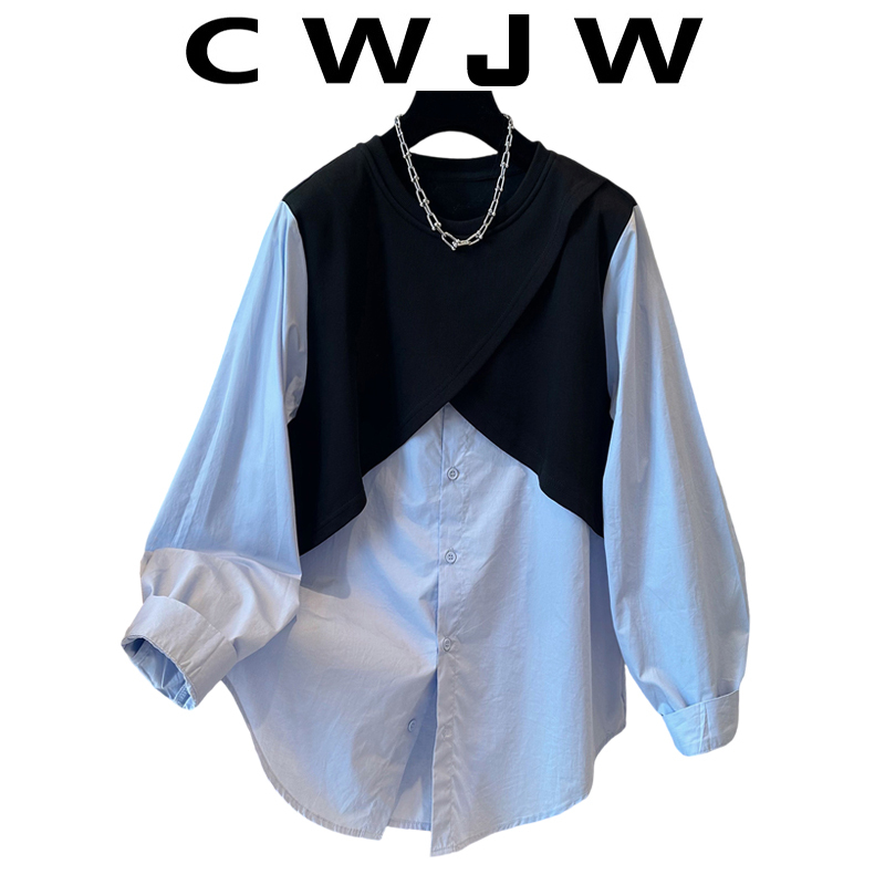 [in Stock] Fake Two-Piece Long-Sleeve Shirt Women's Blouse 2026 Spring and Autumn New Style Patchwork Loose Slimming Top