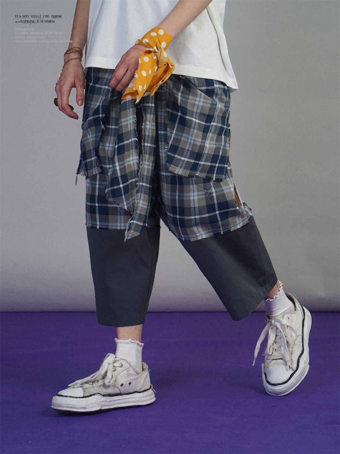 UNVESNO 19SS retro grid lattice false two spliced summer thin straight cylinder casual 90% pants