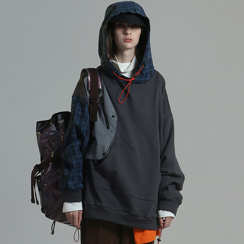 A SQUARE ROOT retro plaid splicing design full cotton wool circles easy hip-hop hoodie sweatshirt male and female damp