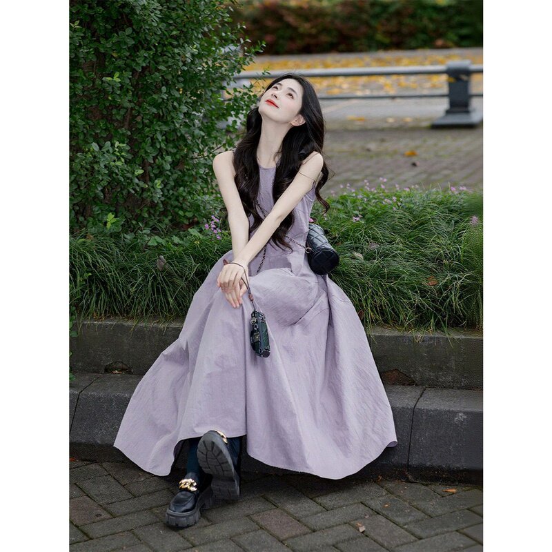 French-Style High-End Purple Sleeveless Vest Dress for Women, New Summer Style, Popular This Year, Long Dress for Seaside Vacation
