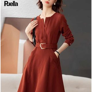 气质连衣裙女2025年春秋季新品小个子时尚百搭法式复古橘红色长裙