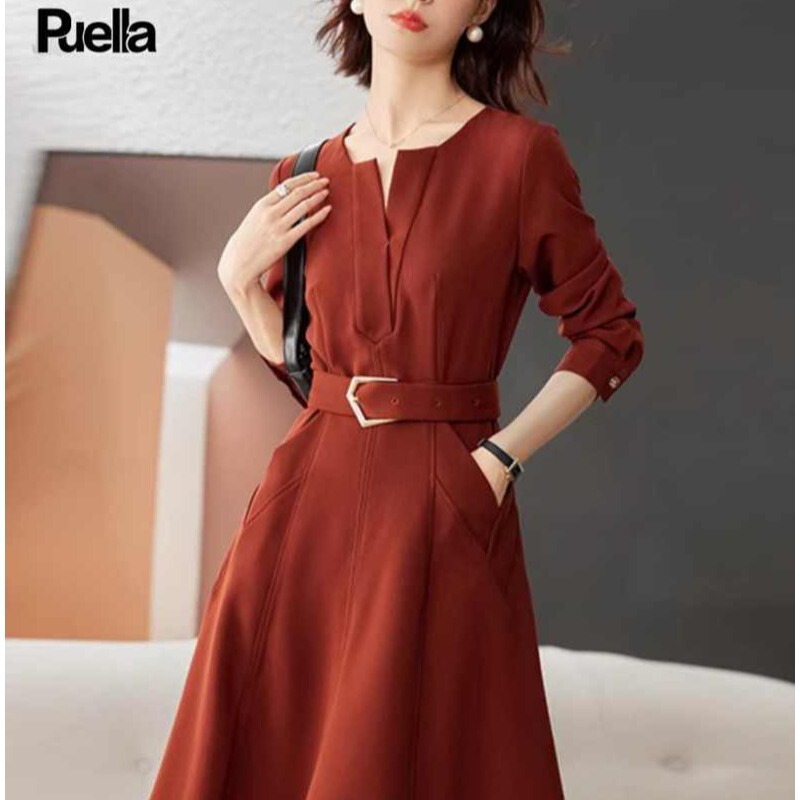 Elegant Dress for Women, 2025 Spring and Autumn New Collection, Petite, Fashionable, Versatile, French Retro Orange-Red Long Dress