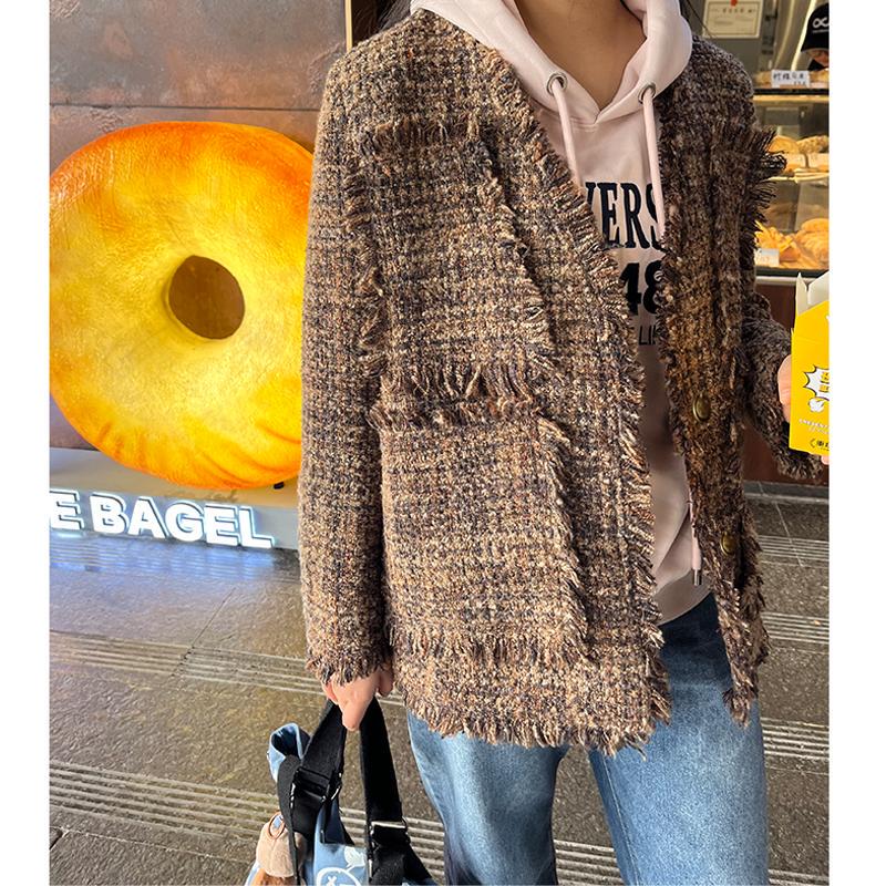 Wool Retro New Style Plus-Size Chanel-Style Jacket for Women, Mid-Length, High-End Tassel Tweed Top for Women