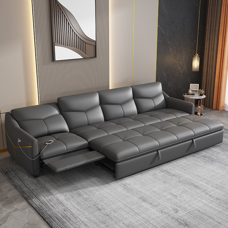 Electric multifunctional sofa bed Dual-purpose straight row trio of four people living room small family style real leather sofa head layer cow leather