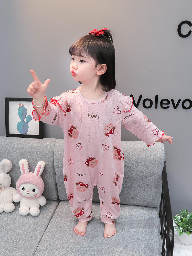 GIRLS ONE-PIECE PAJAMAS SUMMER THIN BABY SMALL BREATHABLE COTTON SLEEPING BAG CHILDRENS SUMMER LONG SLEEVE AIR-CONDITIONED LOUNGEWEAR