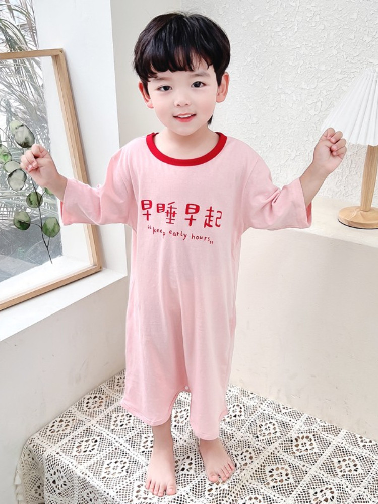 BABY SHORT-SLEEVED ONE-PIECE PAJAMAS THIN BOYS COTTON NIGHTGOWNS HOME CLOTHES GIRLS BELLY PROTECTION NIGHTDRESSES KICK-PROOF AIR-CONDITIONED CLOTHES