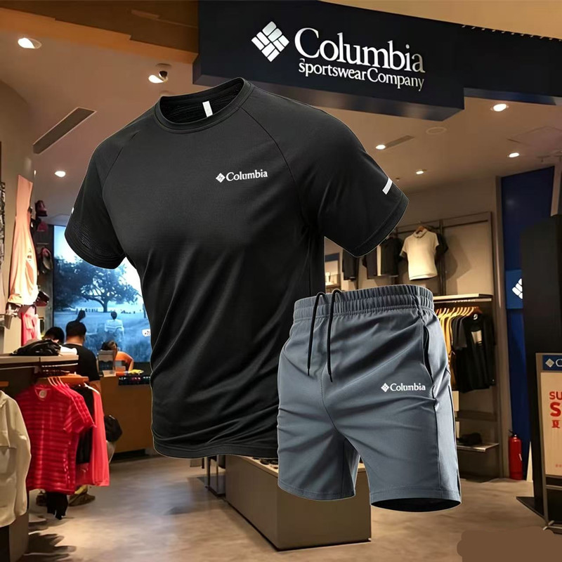 Outlet Discount | Columbia Quick-Dry Sports Suit for Men, Summer Ice Silk Running Breathable T-Shirt and Shorts Two-Piece Set