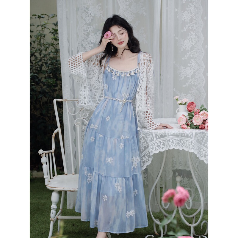 Blue Tassel Embroidered Suspender Dress for Women, New Summer Style, Beach Vacation Style, Loose First Love Style, Long Skirt with Large Hem Blue Tassel Embroidered Suspender Dress for Women, New Summer Style, Beach Vacation Style, Loose First Love Style, Long Skirt with Large Hem