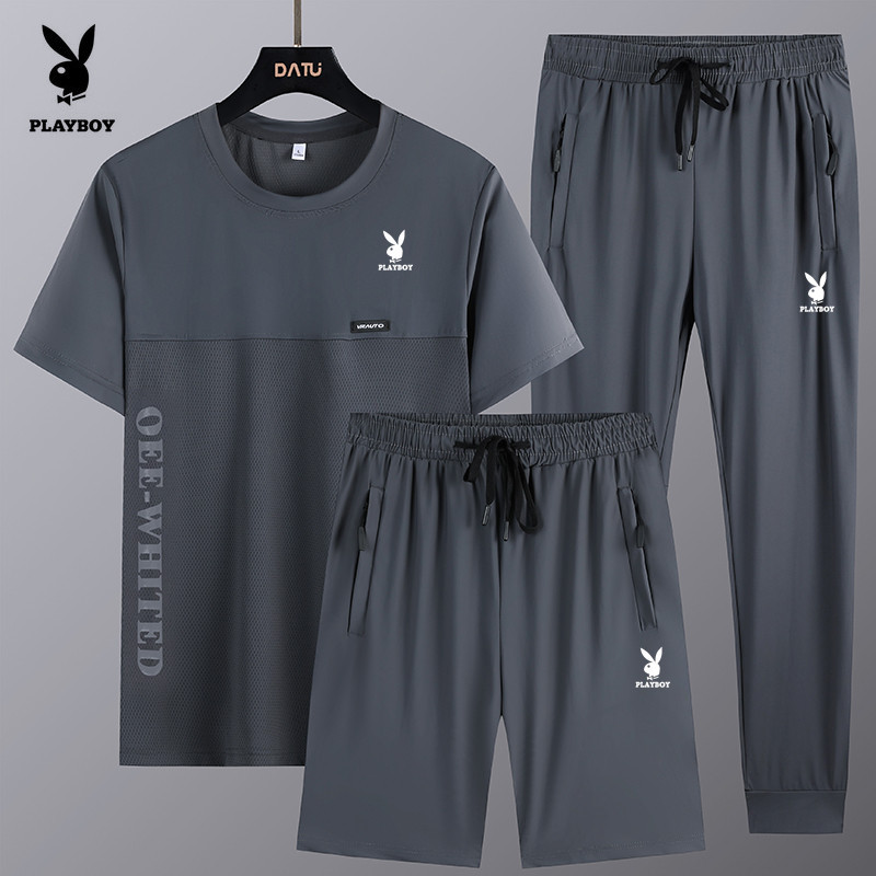 Playboy Sports Suit Men's Summer 2024 New Large Size Ice Silk Quick-Drying Pants Casual Clothing Three-Piece Set