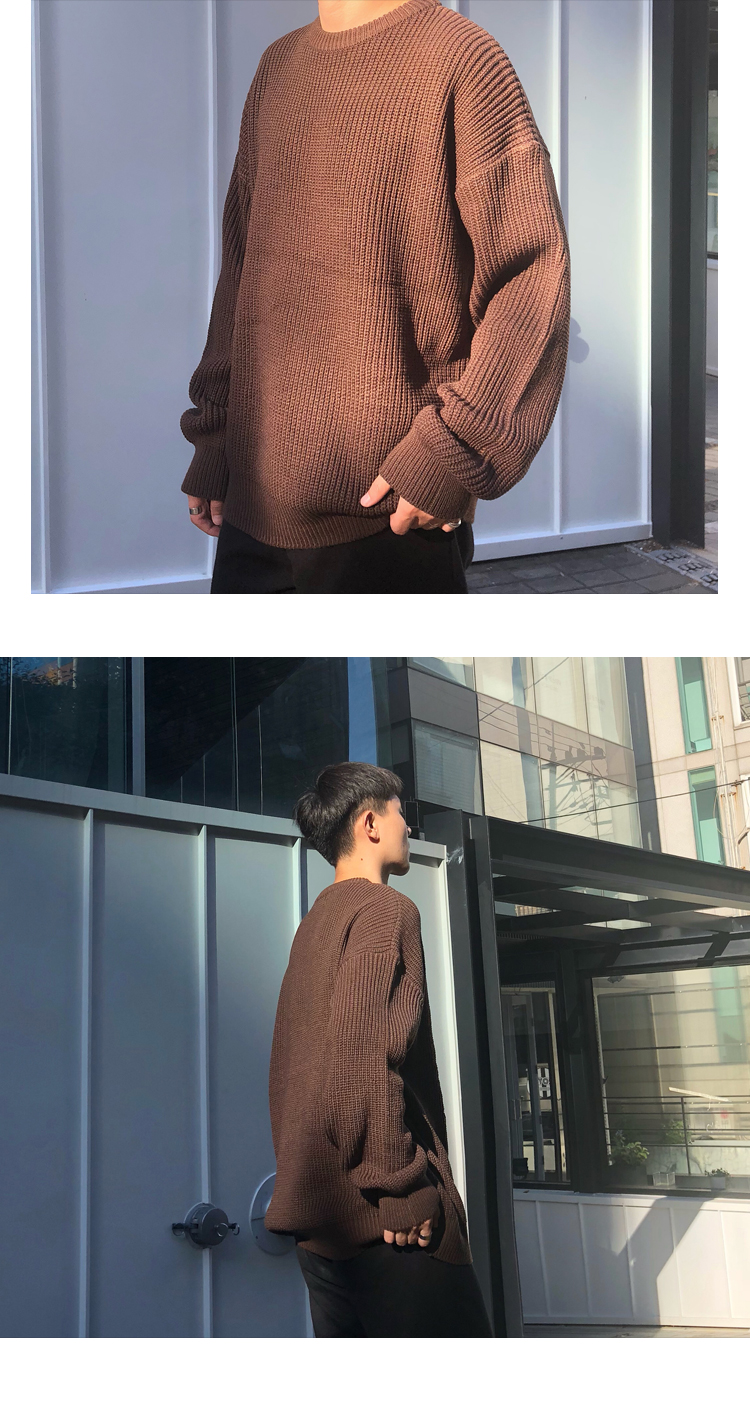 Ông Fang inch nam màu đỏ phiên bản Hàn Quốc của cổ tròn dày màu rắn lỏng áo len oversize nam mùa thu thủy triều áo cổ lọ