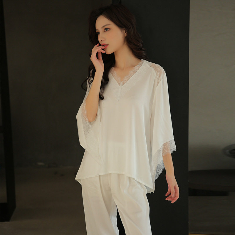 Spring and summer pajamas female princess style long-sleeved trousers suit ice silk solid color thin section casual breathable temperament home wear