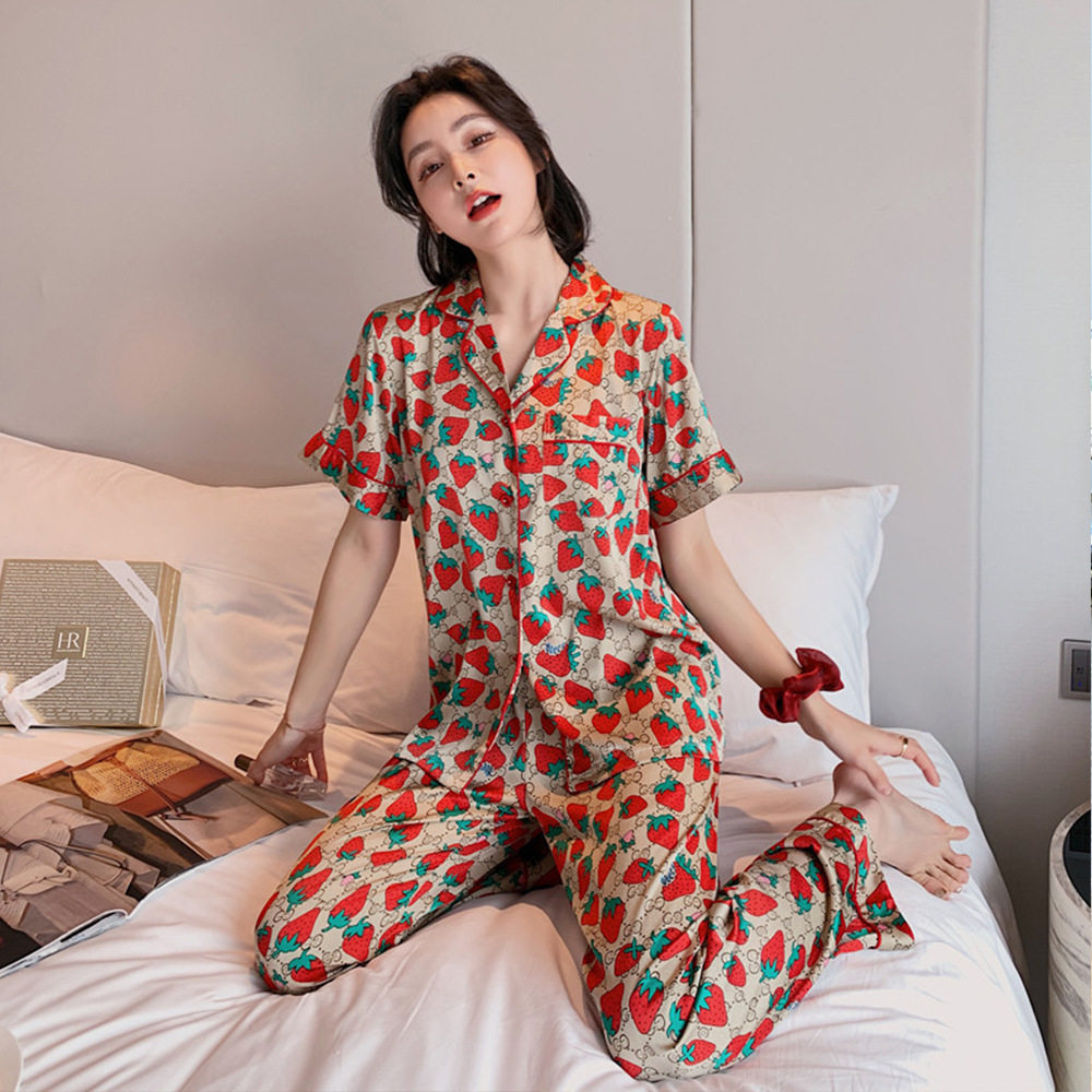 Ice silk sleepwear women Summer slim fit sweet and short sleeves Two sets Korean version Silk Casual Breathable Home of IB