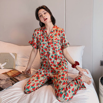 Ice silk sleepwear women Summer slim fit sweet and short sleeves Two sets Korean version Silk Casual Breathable Home of IB