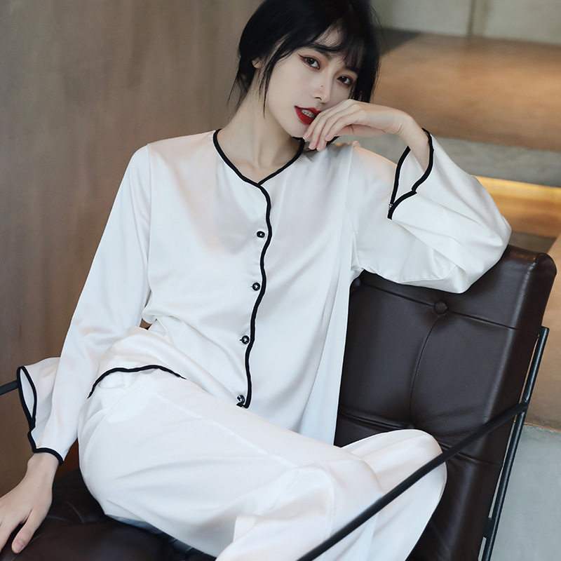 Pajamas women's summer Korean version thin suits fashion solid color home clothes slimming net red ice silk long-sleeved two-piece set IB