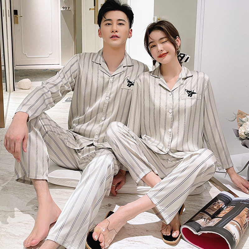 Couple pajamas women's 2022 spring and autumn ice silk stripes men's long-sleeved trousers home clothes silk Korean version casual loose