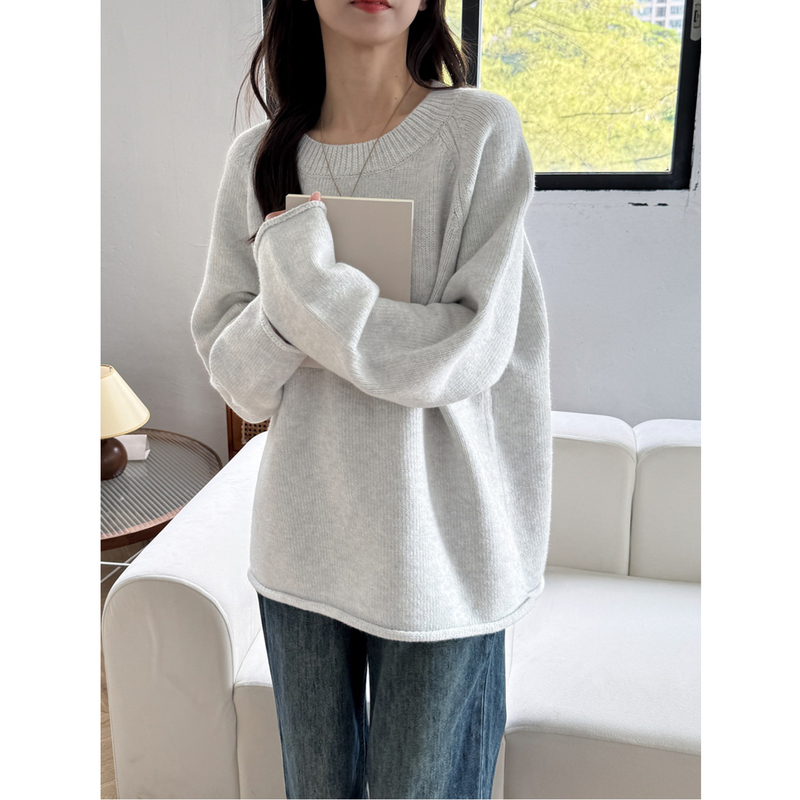 Light Gray Round Neck Pullover Sweater for Women 2026 Autumn and Winter Lazy Style Loose Rolled Edge Soft Knit Top Light Gray Round Neck Pullover Sweater for Women 2026 Autumn and Winter Lazy Style Loose Rolled Edge Soft Knit Top