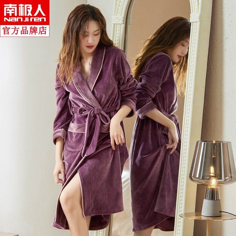 South Pole ladies sleeping gowns Autumn winter island velvet pyjamas thickened mid-length version Home Residence Flannel Warm Bath