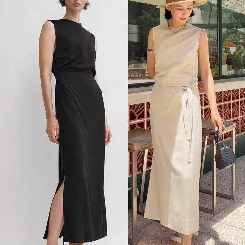 Tt*Me Women's Clothing Early Autumn New Classic Waist-Tie Side Slit Sleeveless Dress for Women
