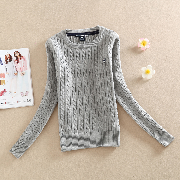 Korean Style Twist Gray Sweater for Women, Round Neck, Preppy Style, Student Pullover, Pure Cotton, Spring and Autumn Slim-Fit Knitwear