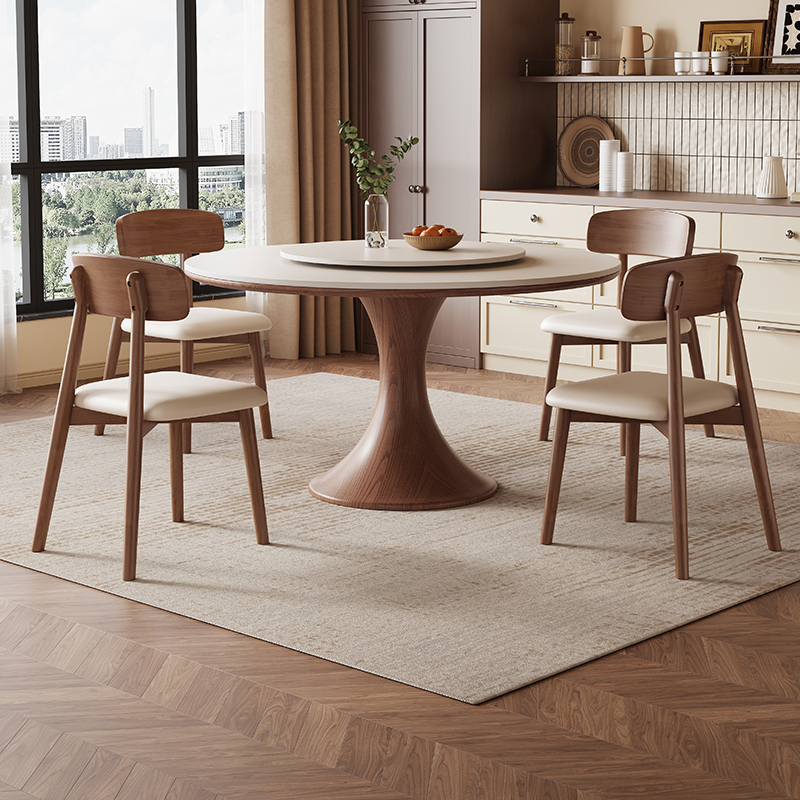 Solid Wood Slate Dining Table Round Table for Home Small Apartment Restaurant Round Dining Table with Turntable Ash Wood Dining Table and Chair Combination