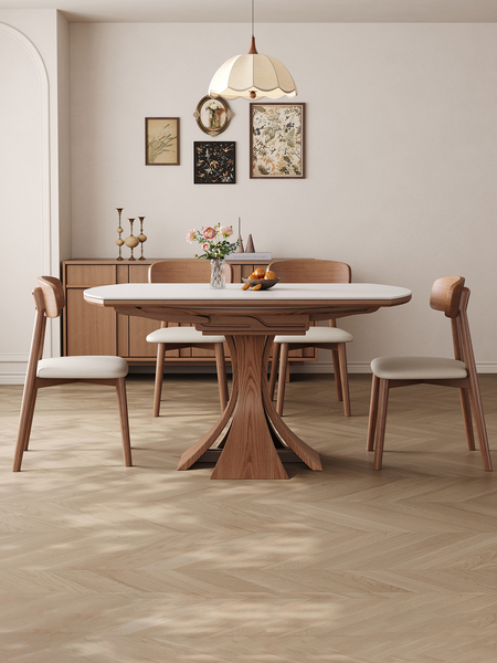 Solid Wood Stone Plate Dining Tables and Chairs Set For Home Small Apartment Retractable Square and round Dual-Use Ash Wood Antique Dining Table