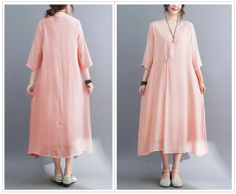 2022 Real-shot In-stock Vintage Artistic Elegant Cotton-linen Cool Round-neck Three-quarter Sleeve Zen-style Robe Dress_ecoleips.com
