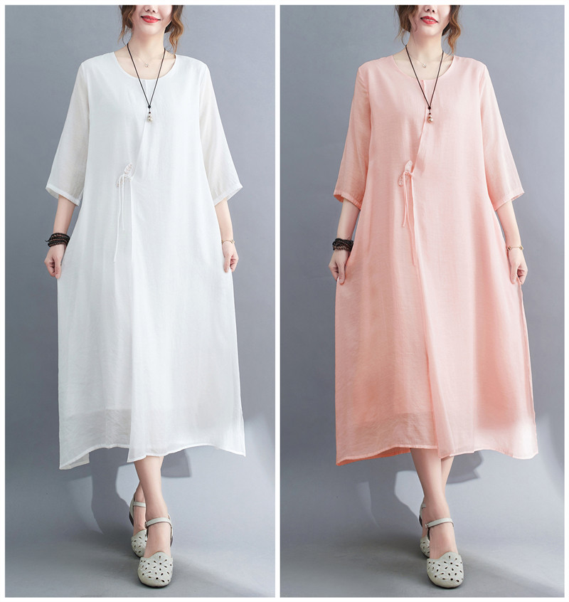2022 Real-shot In-stock Vintage Artistic Elegant Cotton-linen Cool Round-neck Three-quarter Sleeve Zen-style Robe Dress_ecoleips.com
