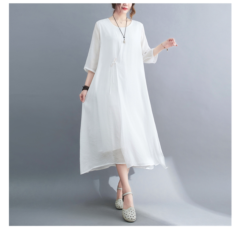 2022 Real-shot In-stock Vintage Artistic Elegant Cotton-linen Cool Round-neck Three-quarter Sleeve Zen-style Robe Dress_ecoleips.com