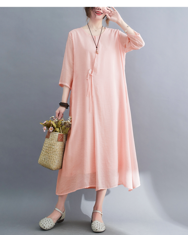 2022 Real-shot In-stock Vintage Artistic Elegant Cotton-linen Cool Round-neck Three-quarter Sleeve Zen-style Robe Dress_ecoleips.com
