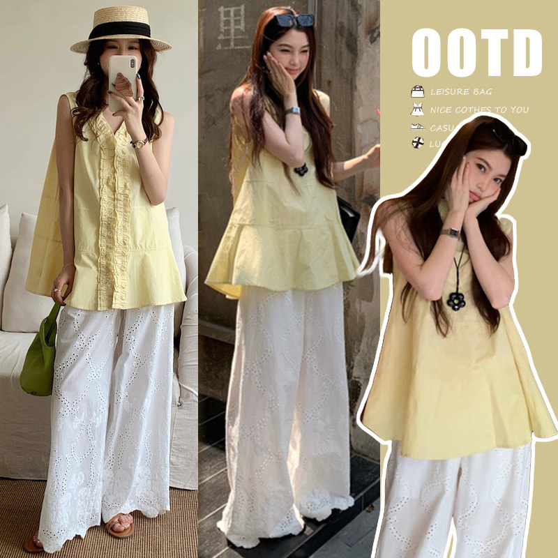 Reversible Maternity Summer Outfit Set, Casual Maternity Wear, Ruffled Tank Top, Hollow-Out Non-See-Through Wide-Leg Pants for Summer Reversible Maternity Summer Outfit Set, Casual Maternity Wear, Ruffled Tank Top, Hollow-Out Non-See-Through Wide-Leg Pants for Summer