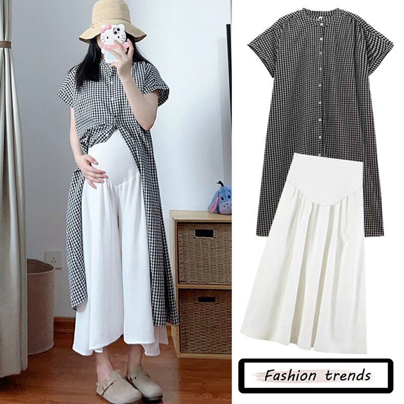 Korean Style Plaid Short-Sleeved Maternity Shirt Dress Summer 2026 New Retro Loose Two-Piece Maternity Suit