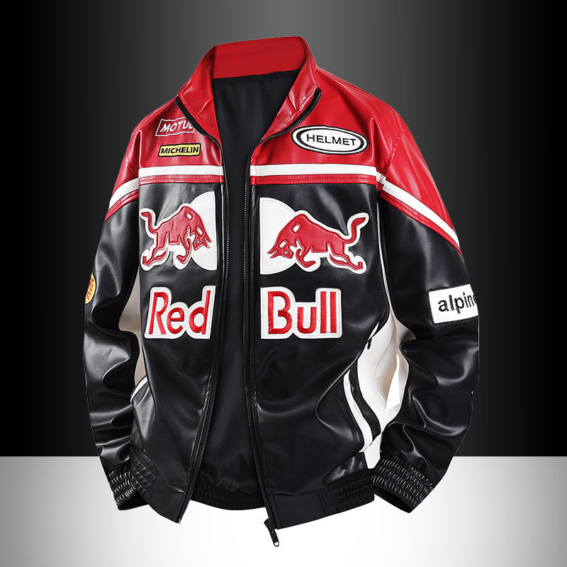 Red Bull Black and White Color-Blocked Motorcycle Racing Suit Stand-Up Collar Pu Leather Jacket Men's Embroidered Leather Jacket Autumn and Winter Windproof Coat