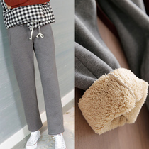 A thin not bloated and thickened lamb velvet pants drawstring elastic waist plus velvet pants women autumn and winter