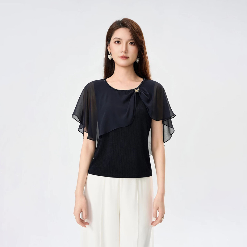 2026 Summer New Style Versatile Chiffon Shirt with Elegant Double-Layer Ruffles, Round Neck, Acetate Short-Sleeve Top for Women
