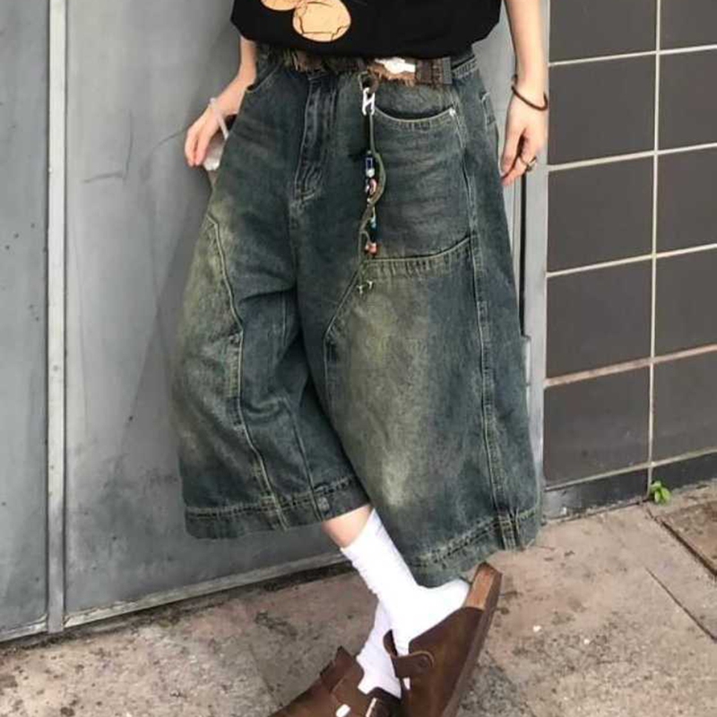 Extra Large Size 150kg High Street Washed Straight Denim Shorts for Men and Women Summer Retro Distressed Wide Leg Three-Quarter Pants 2