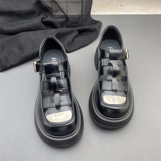 牛皮真皮罗马凉鞋女 包头镂空猪笼鞋新款学院风jk扣带轻便休闲鞋