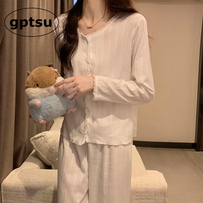 Japanese Gp Apricot Lace Pure Cotton Pajamas for Women, Spring and Autumn Long-Sleeved Long Pants, Loose Thin Cardigan Loungewear for Summer