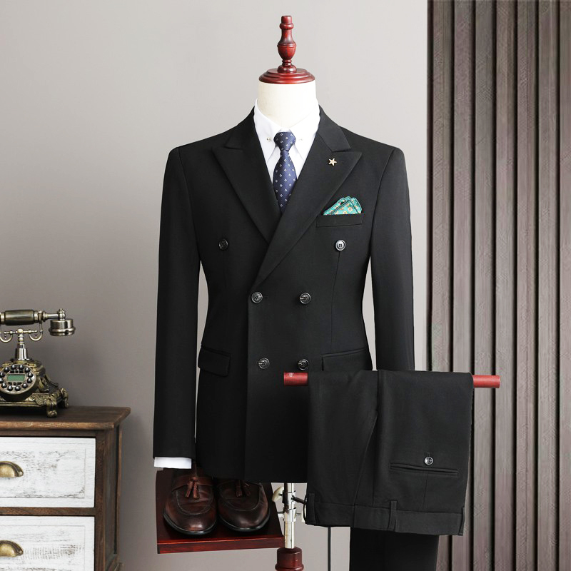 Double-Breasted Three-Piece Suit for Men, Trendy and Fashionable, Navy Blue Slim-Fit Black Suit Set, Elegant and Stylish Suit