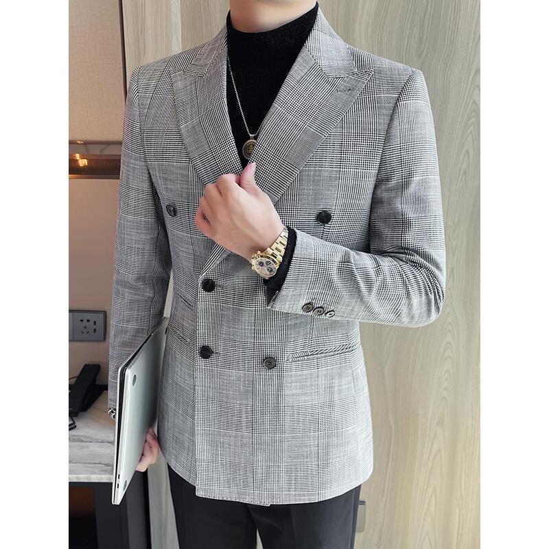 Retro Vintage Style Double-Breasted Plaid Blazer Jacket High-End Light Luxury Suit with an Elegant British Style for Business Fashion