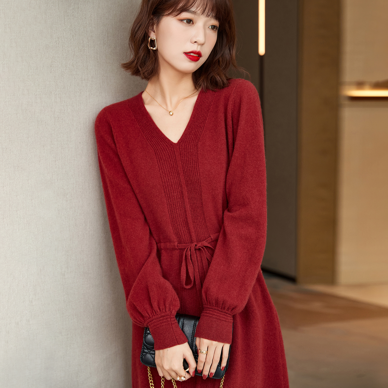 FENPERATE Wool Knit Red Ocean Dress Woman Early Autumn Winter New Cashies in Long Edition V Collar Skirt